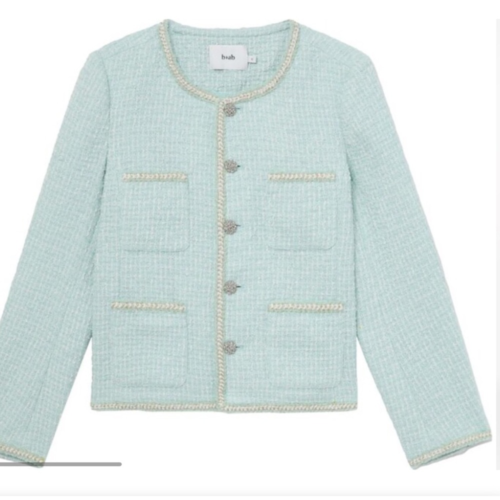 b+ab Turquoise Green/Blue Tweed Braided Trim Jewel Button Designer Jacket, XS